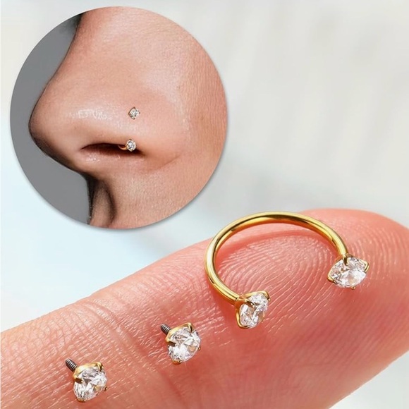 Unique Gold Star Nose Ring Horseshoe Stud with CZ’s NIB - Picture 5 of 12